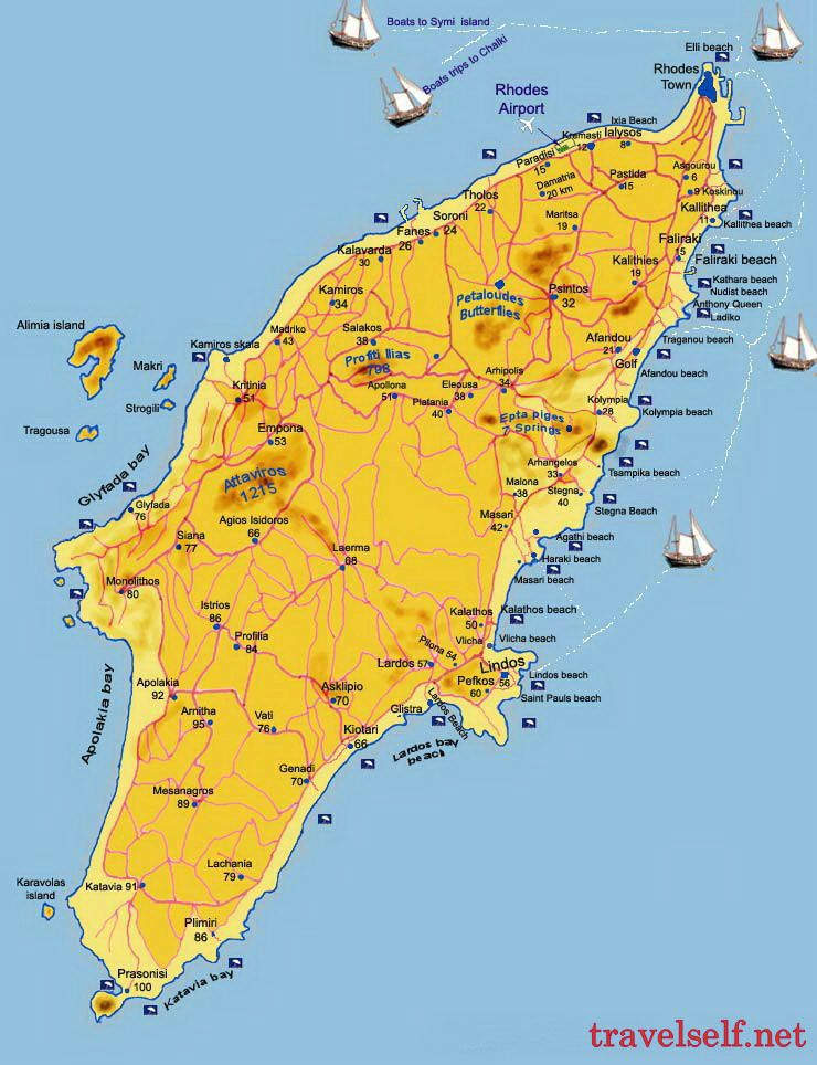 Карта Родоса, пляжи Родоса